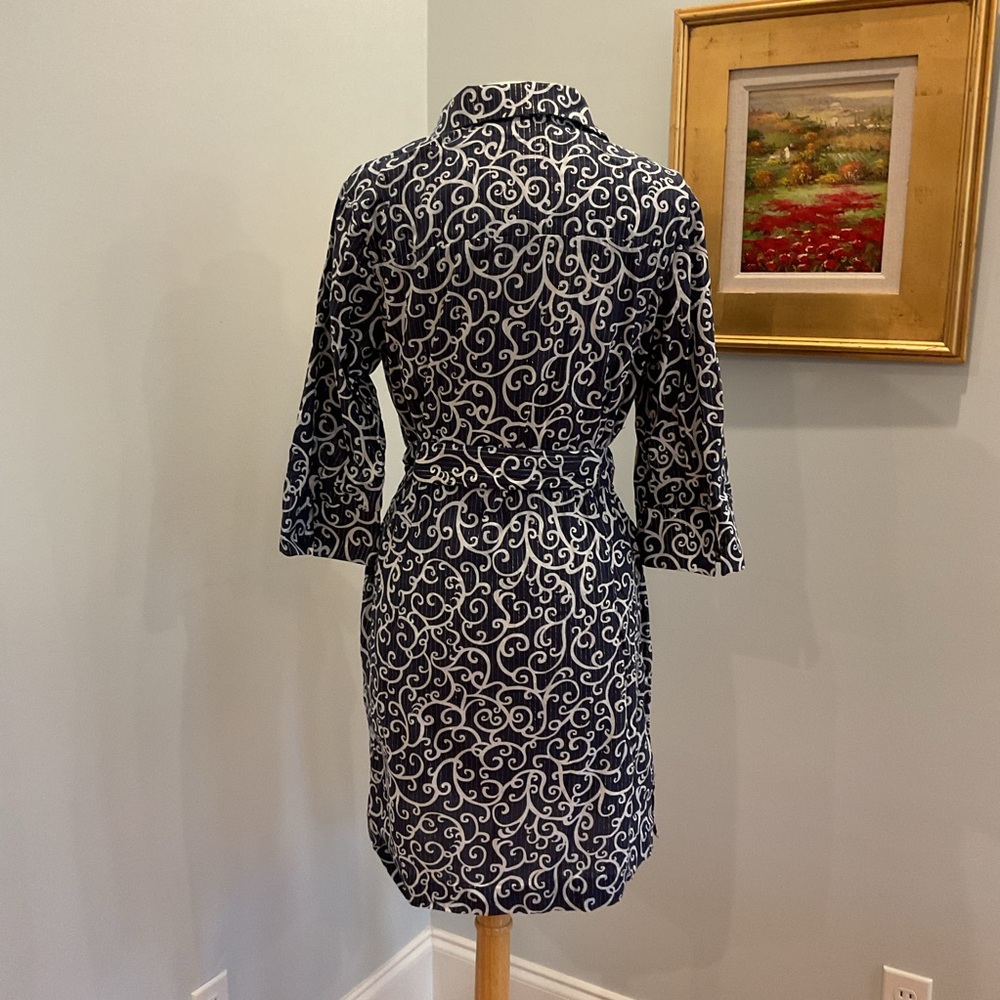 Lilly Pulitzer Shirt DressNavy White Swirl Print Gold Thread Belted - Picture 4 of 8